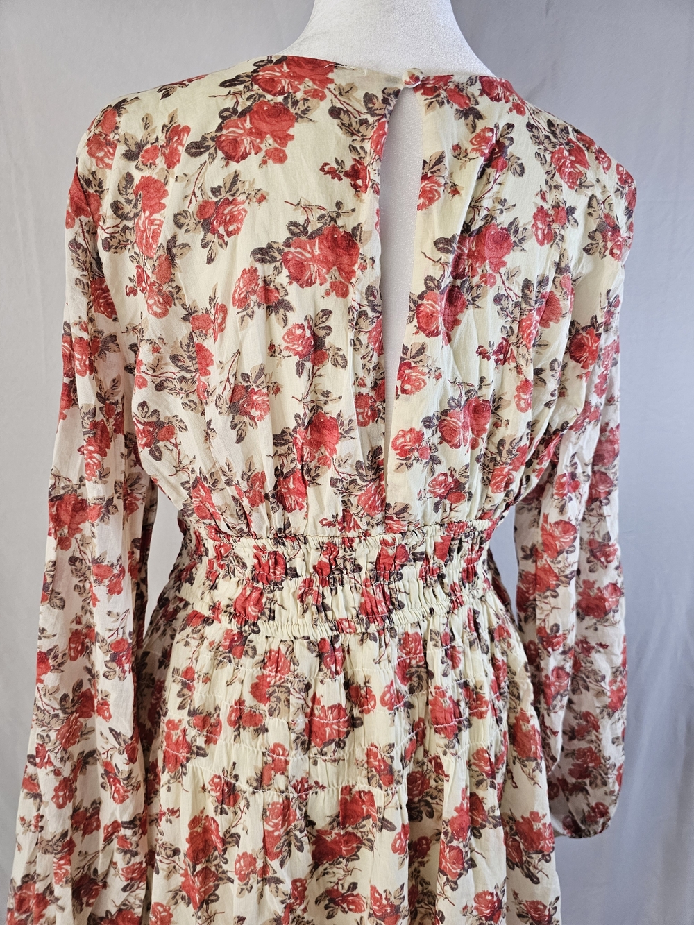 Free People Keep You Smocked Mini Dress Long Balloon Sleeve V Neck Size S - Picture 7 of 13
